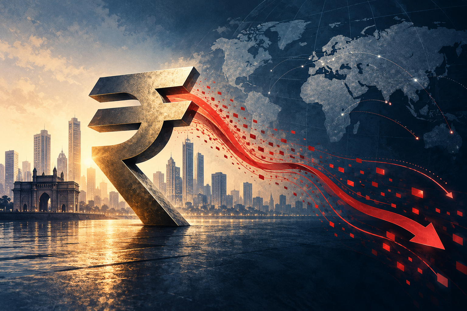 Rupee symbol over Mumbai skyline with red outward arrows illustrating foreign investment outflows